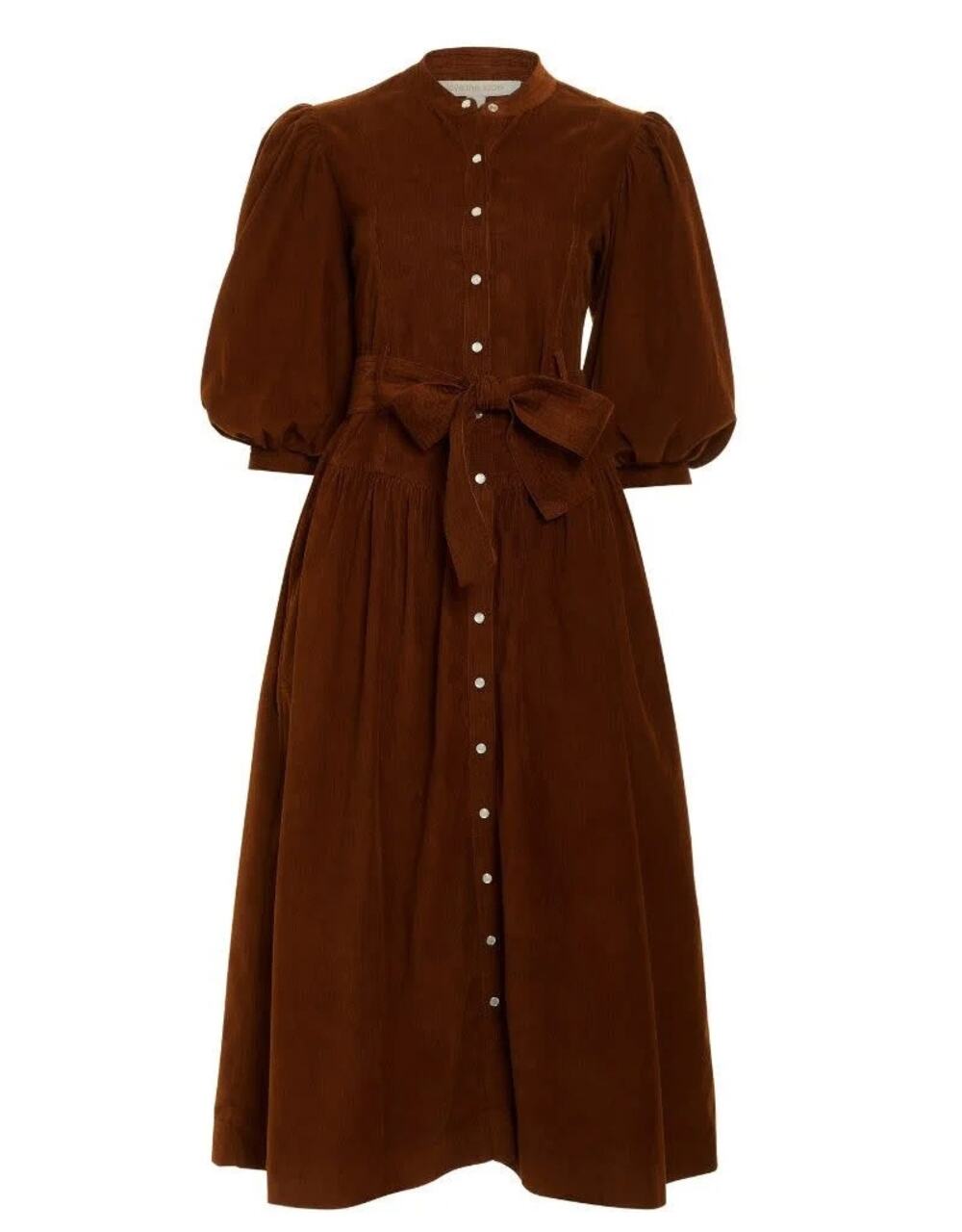 Love the Label Lulu Brown Corduroy Belted Puff Sleeve Midi Dress Medium M